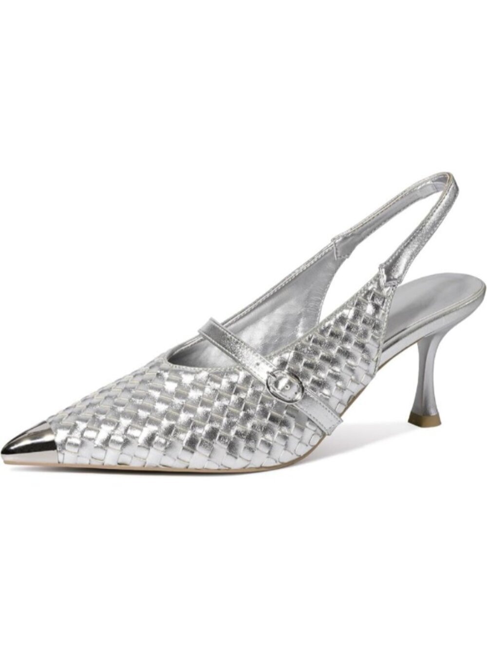Women Pumps Stiletto Heels Metal Closed Pointed Toe Buckle Strap Shoes Silver
